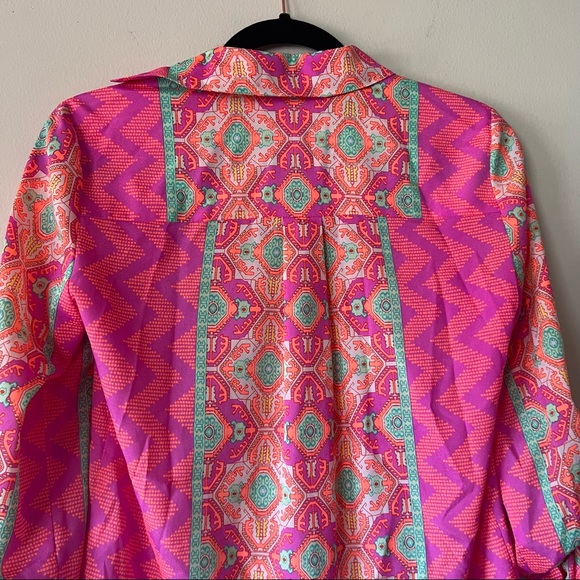 Gianni Bini Asymmetric Colorful Blouse Size XS Roll Tab Sleeves Pink Orange - Picture 7 of 11